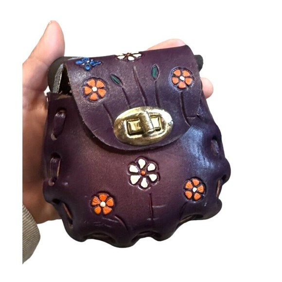 cute small mexico leather bag purple shoulder artisan painted boho hippie cool - Picture 2 of 13